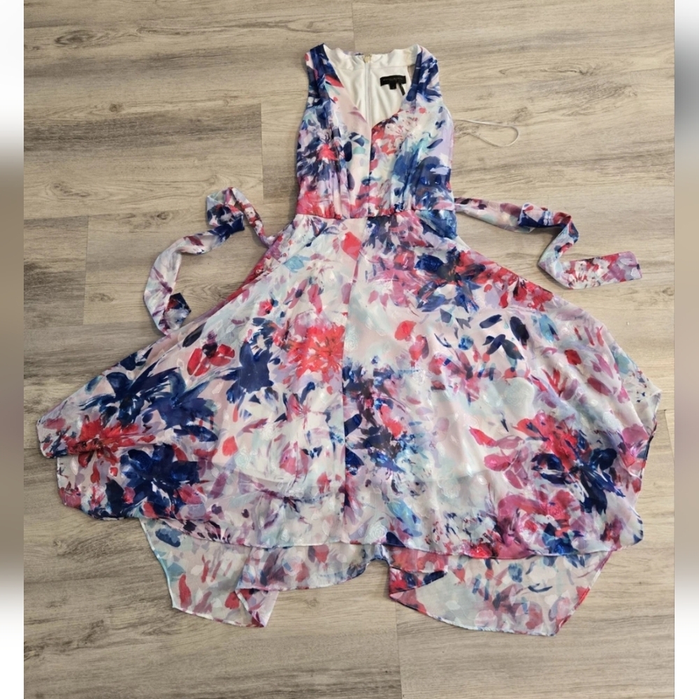 Donna Karan Midi Dress Size 4 Abstract Floral Fit And Flare Flowy Pink Blue